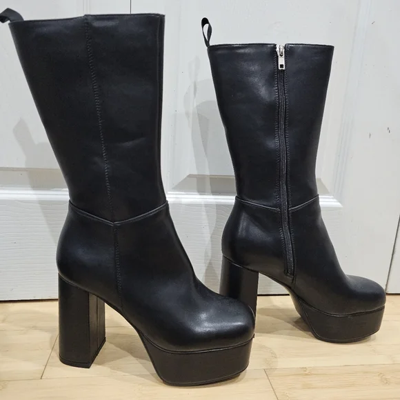 Dolls Kill Lamoda Going Under Goth Faux Leather Platform Black Wide Fit Boots 8 - Picture 8 of 15